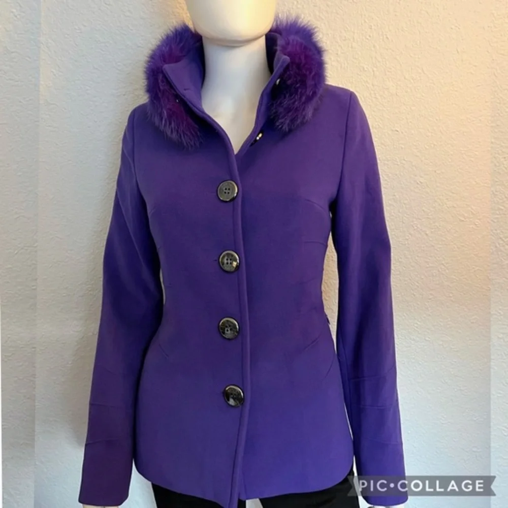 NWT WOMEN SHORT COAT  DYED REAL‎ FUR COLLAR WOOL LINED SINLE-BREASTED JACKET